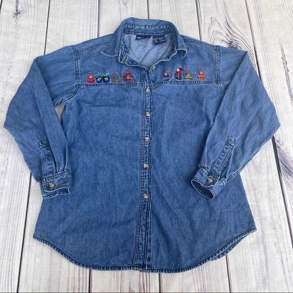 Solutions Denim Christmas Holiday Denim Button Up Shirt Embroidered Small Ugly - Picture 3 of 10